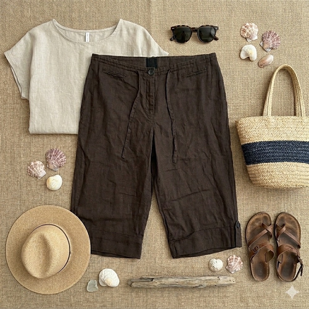 Womens Plus 100% Linen Capri Pants 18 Brown Relaxed Coastal Boho Avenue